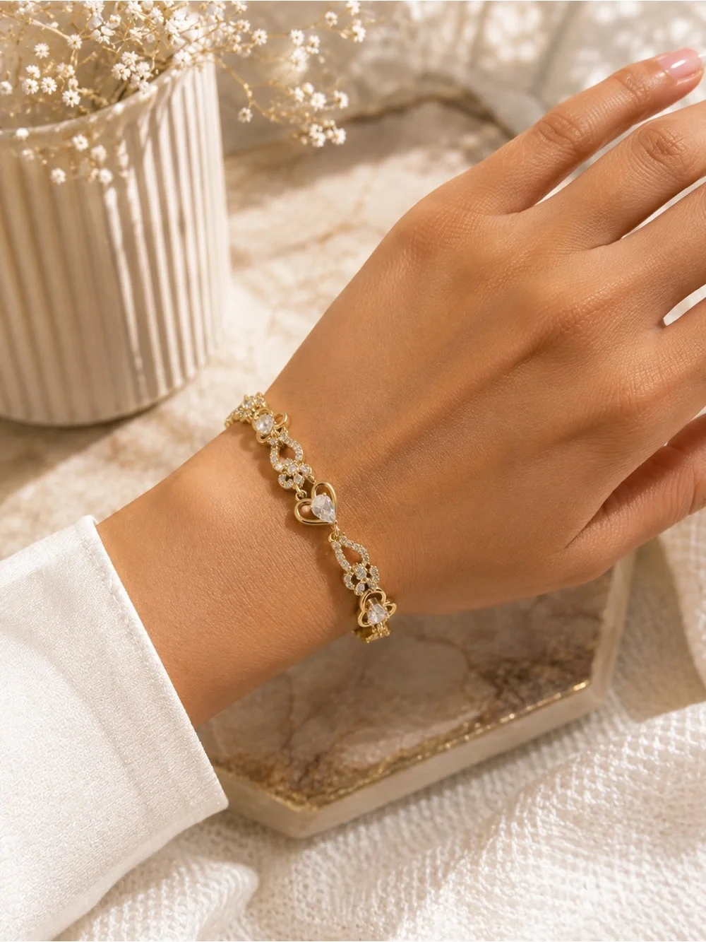 Brazilian Gold Heart & Teardrop CZ Bracelet- Elegant Sparkling Jewerly